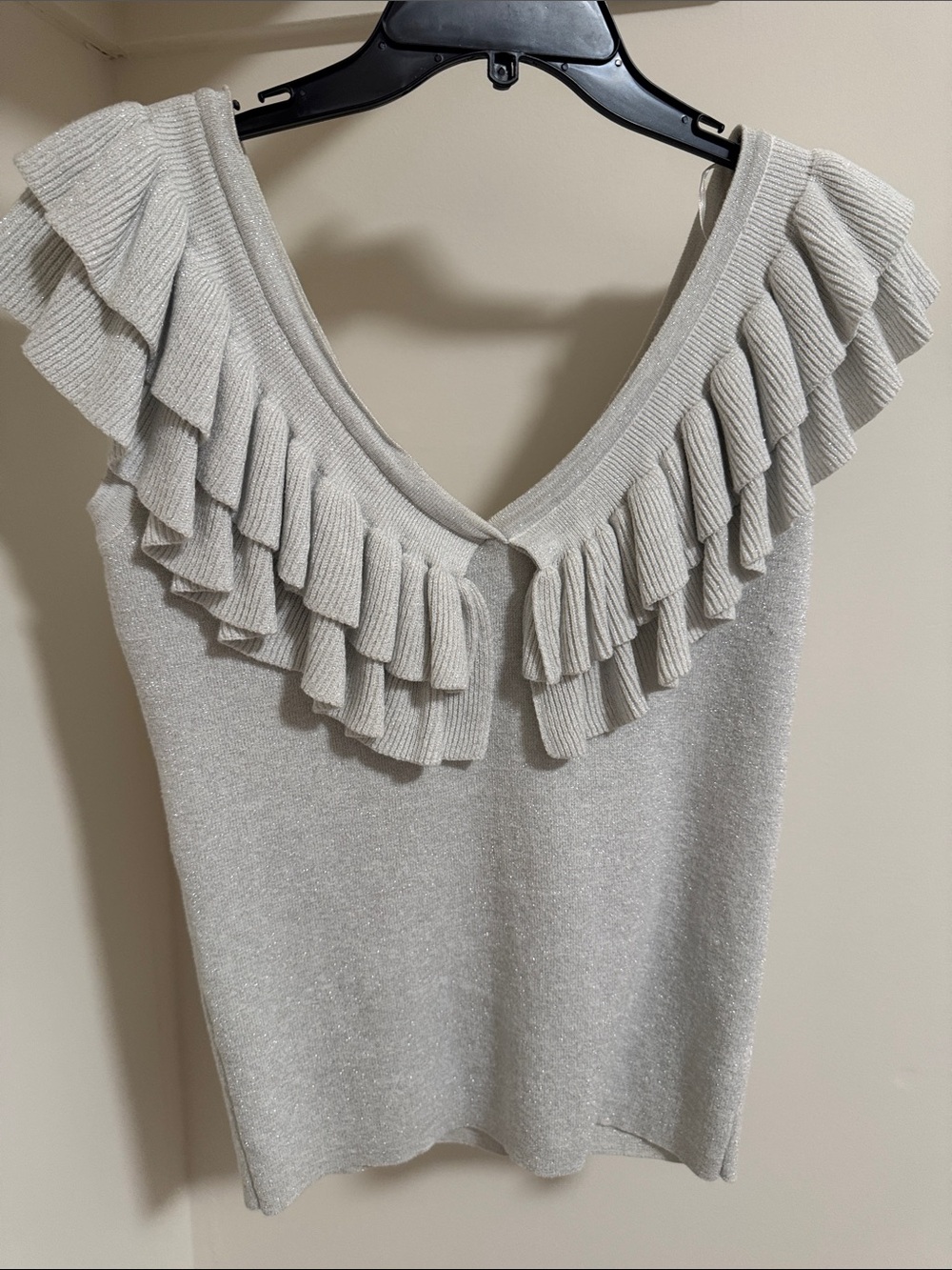 Endless Rose Silver Knit Ruffle V‑Neck Tank